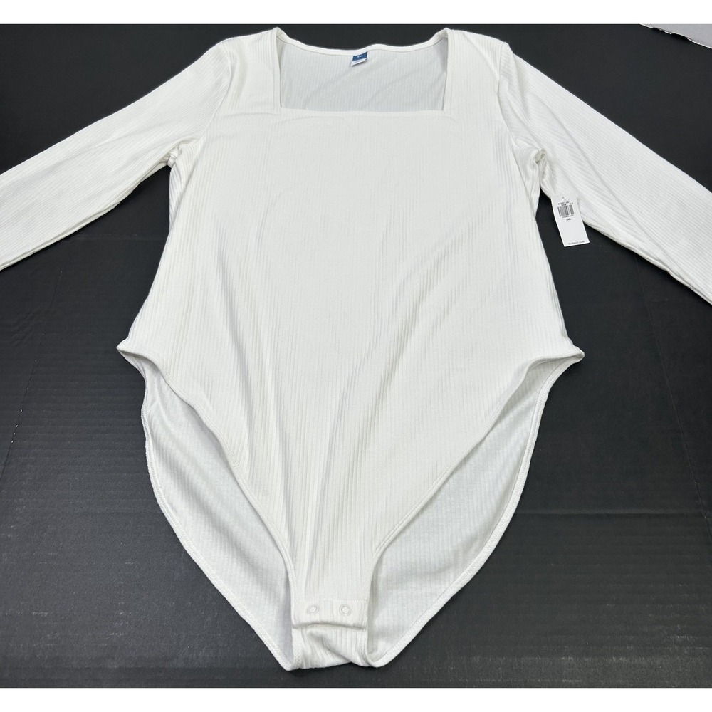 Old Navy Long-Sleeve Bodysuit Women's‎ XXL White Square-Neck Rib-Knit NWT